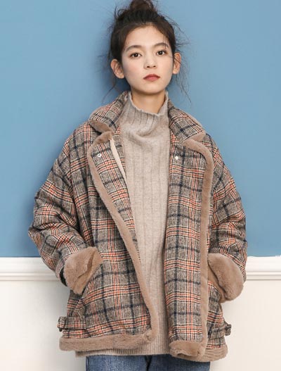 Checked padded trimmed coat